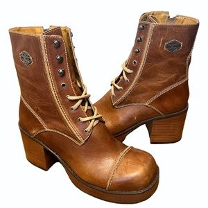 NEW Vintage Harley Davidson Cognac Leather Platform Heeled Motorcycle Ankle Boot